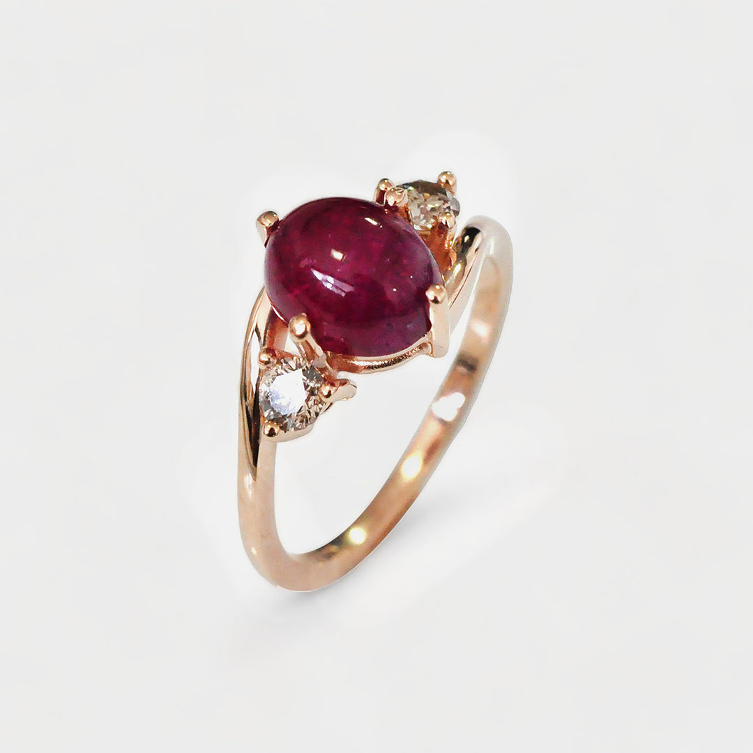 Cabochon Ruby and Side Diamonds Ring in Rose Gold