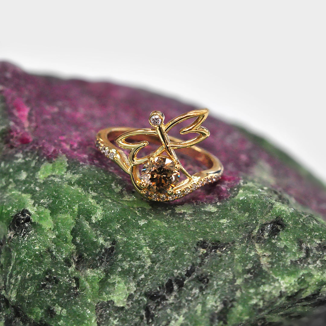 14K Yellow Gold Dragon Fly Ring with Diamonds