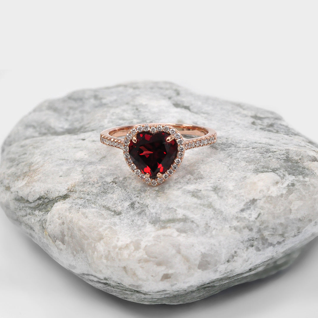 Heart Shape Garnet &amp; Diamonds Halo Ring