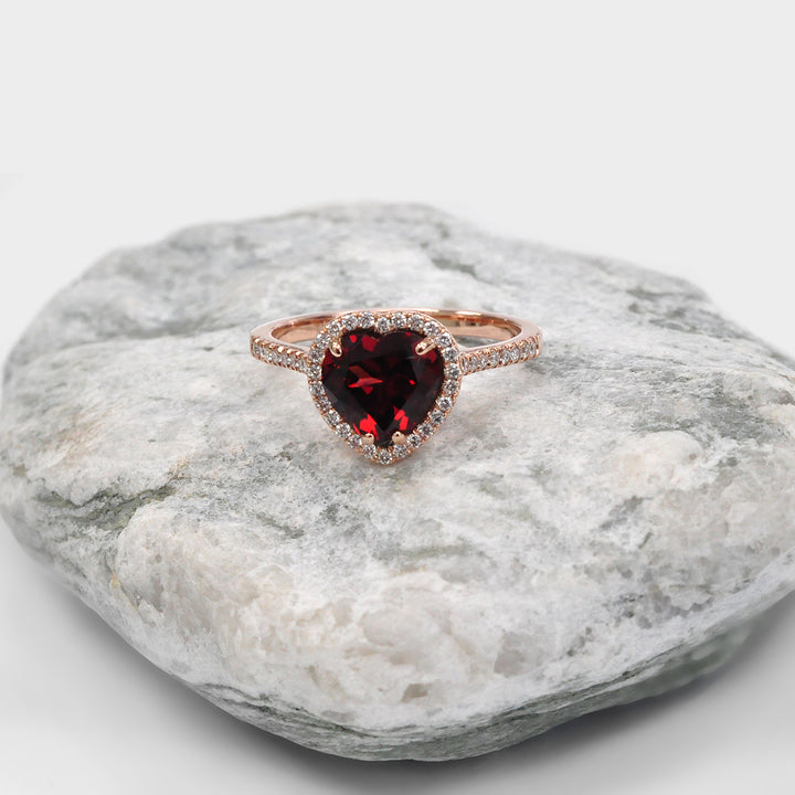 Heart Shape Garnet &amp; Diamonds Halo Ring