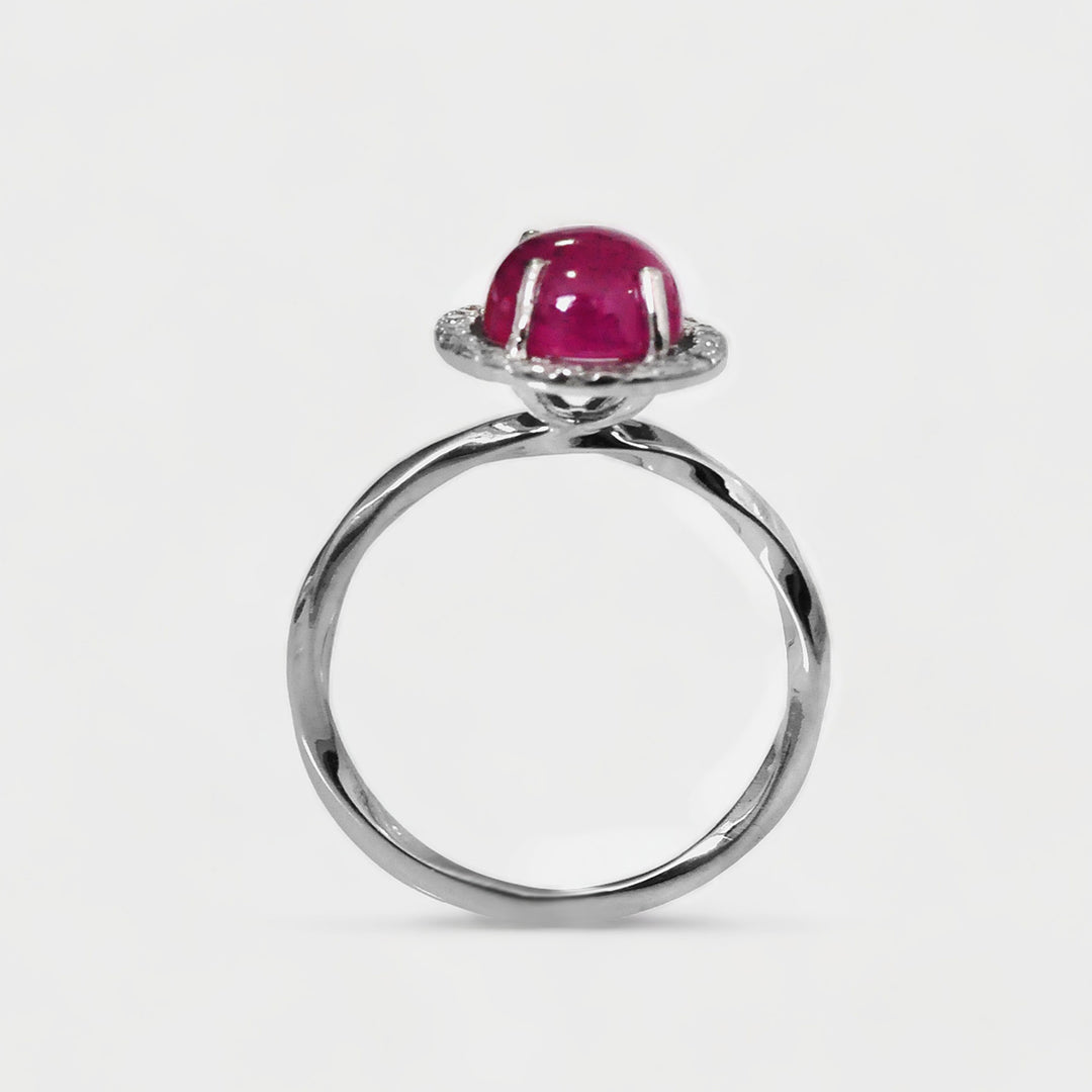 Round Cabochon Ruby Halo Diamonds Ring