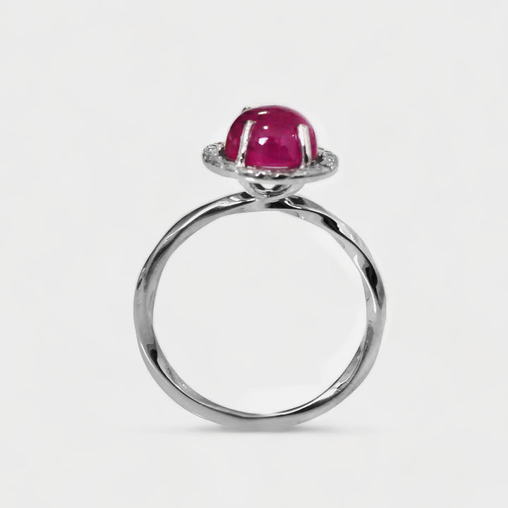 Round Cabochon Ruby Halo Diamonds Ring