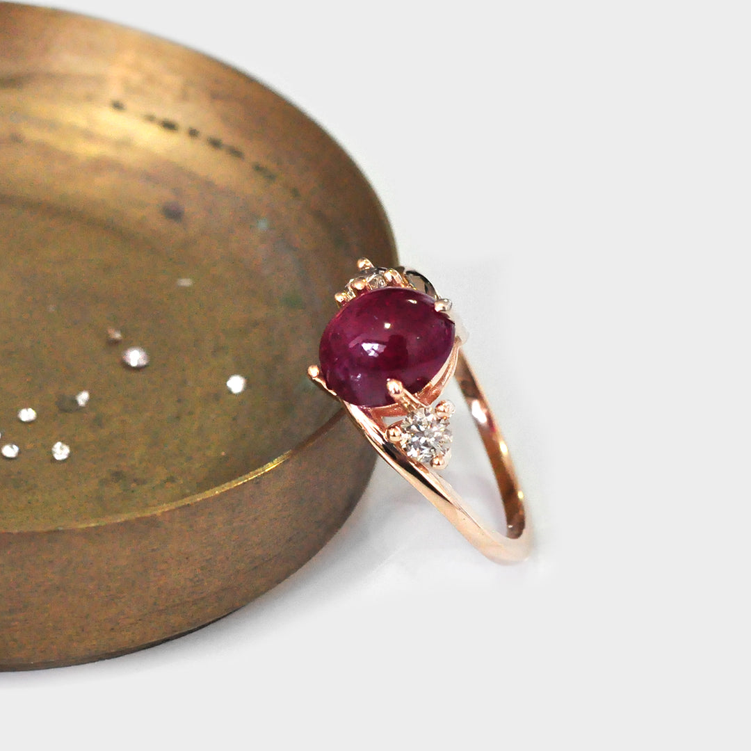 Cabochon Ruby and Side Diamonds Ring in Rose Gold