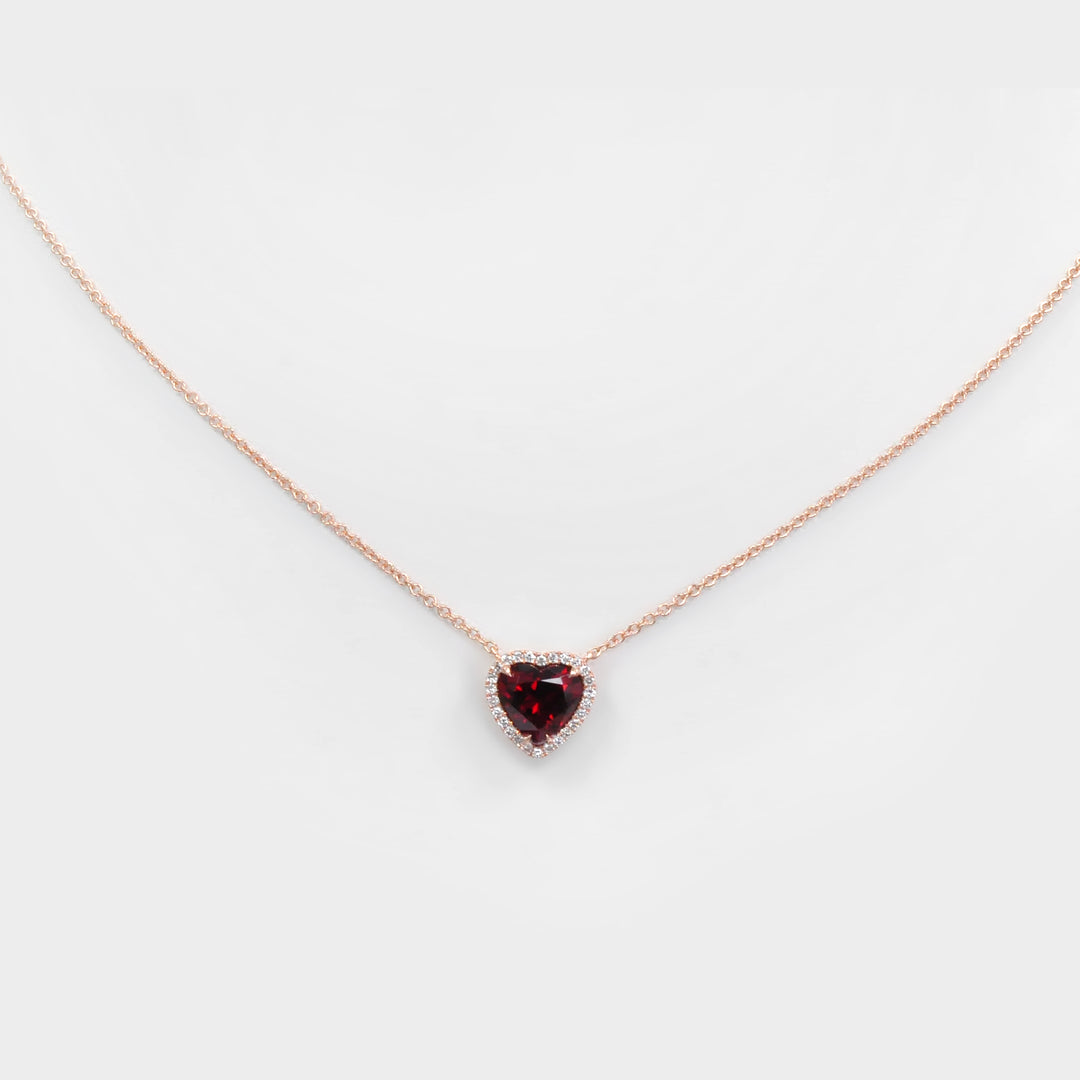 Garnet Heart Shape and Halo Diamonds Pendant in Rose Gold