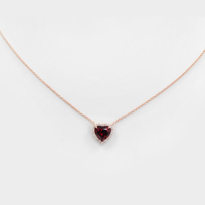 Garnet Heart Shape and Halo Diamonds Pendant in Rose Gold