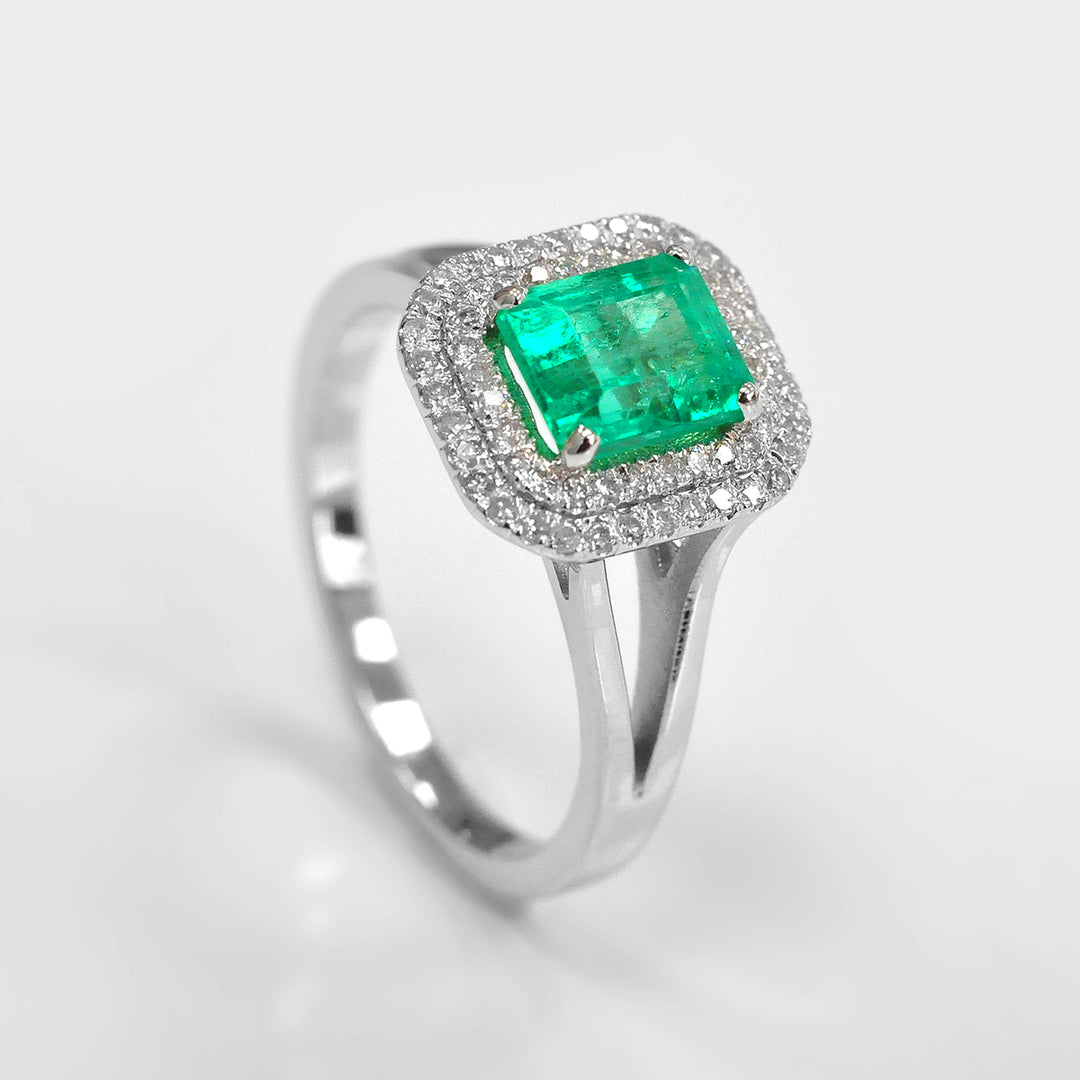 Double Halo Green Emerald &amp; Diamonds Ring