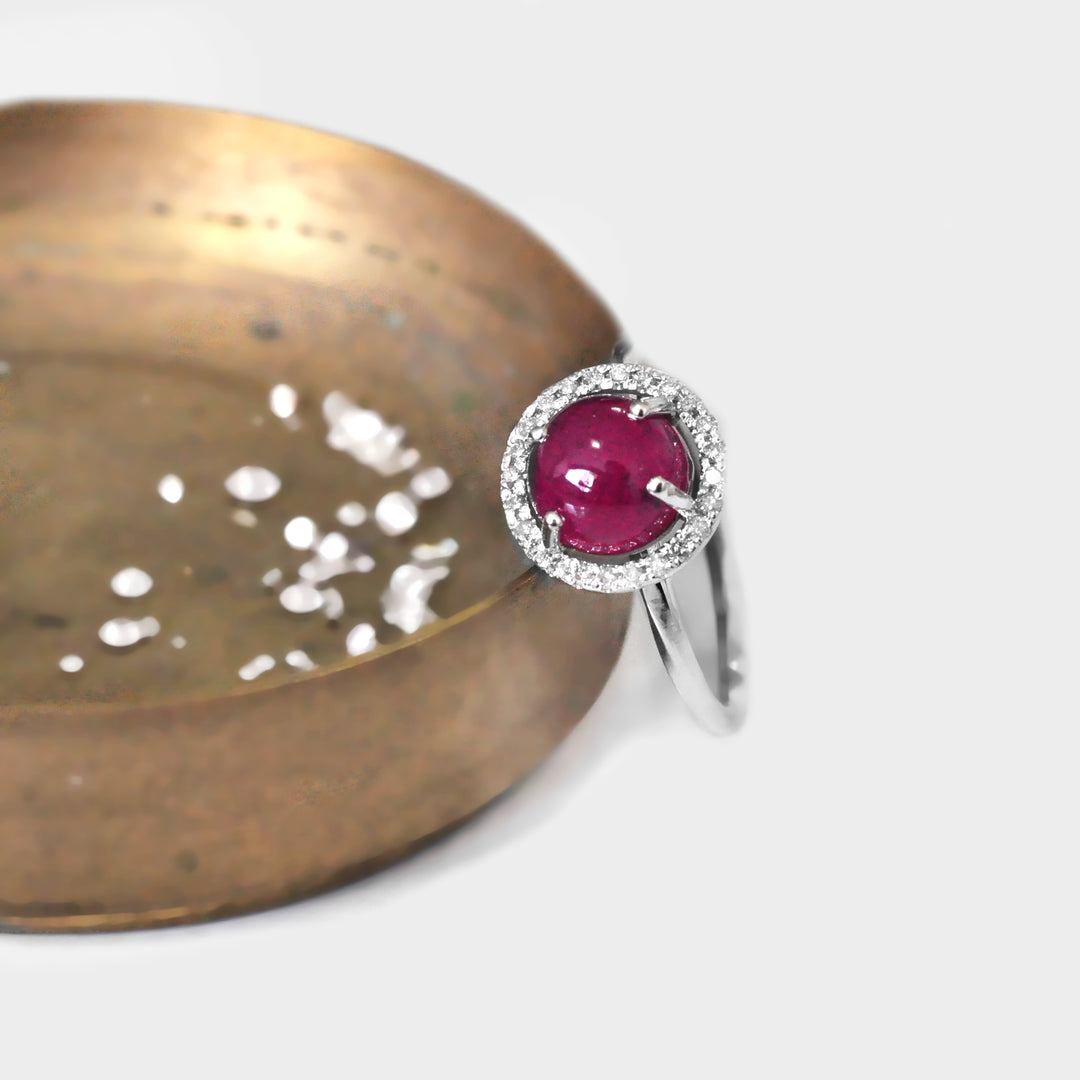 Round Cabochon Ruby Halo Diamonds Ring