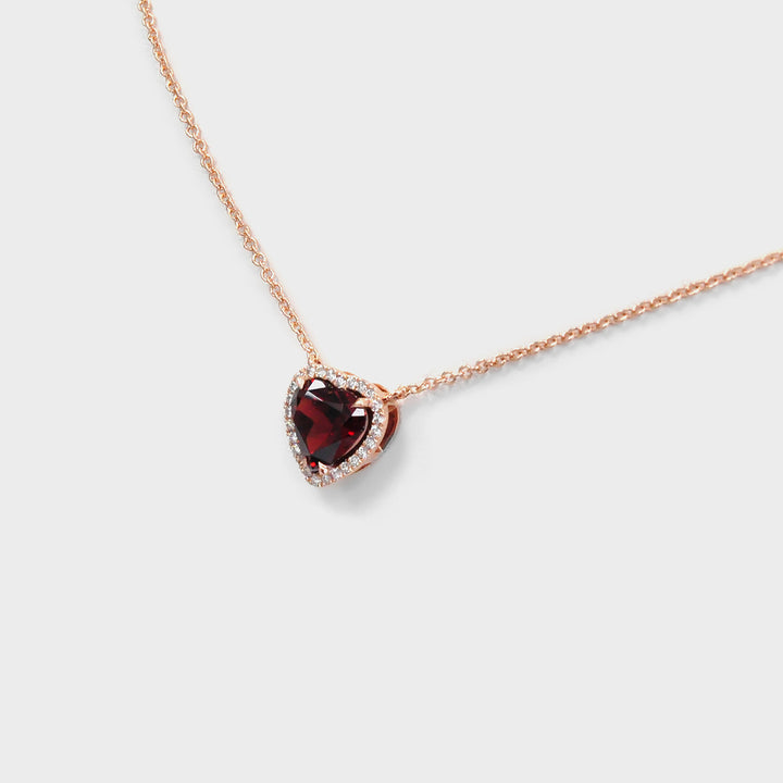Garnet Heart Shape and Halo Diamonds Pendant in Rose Gold