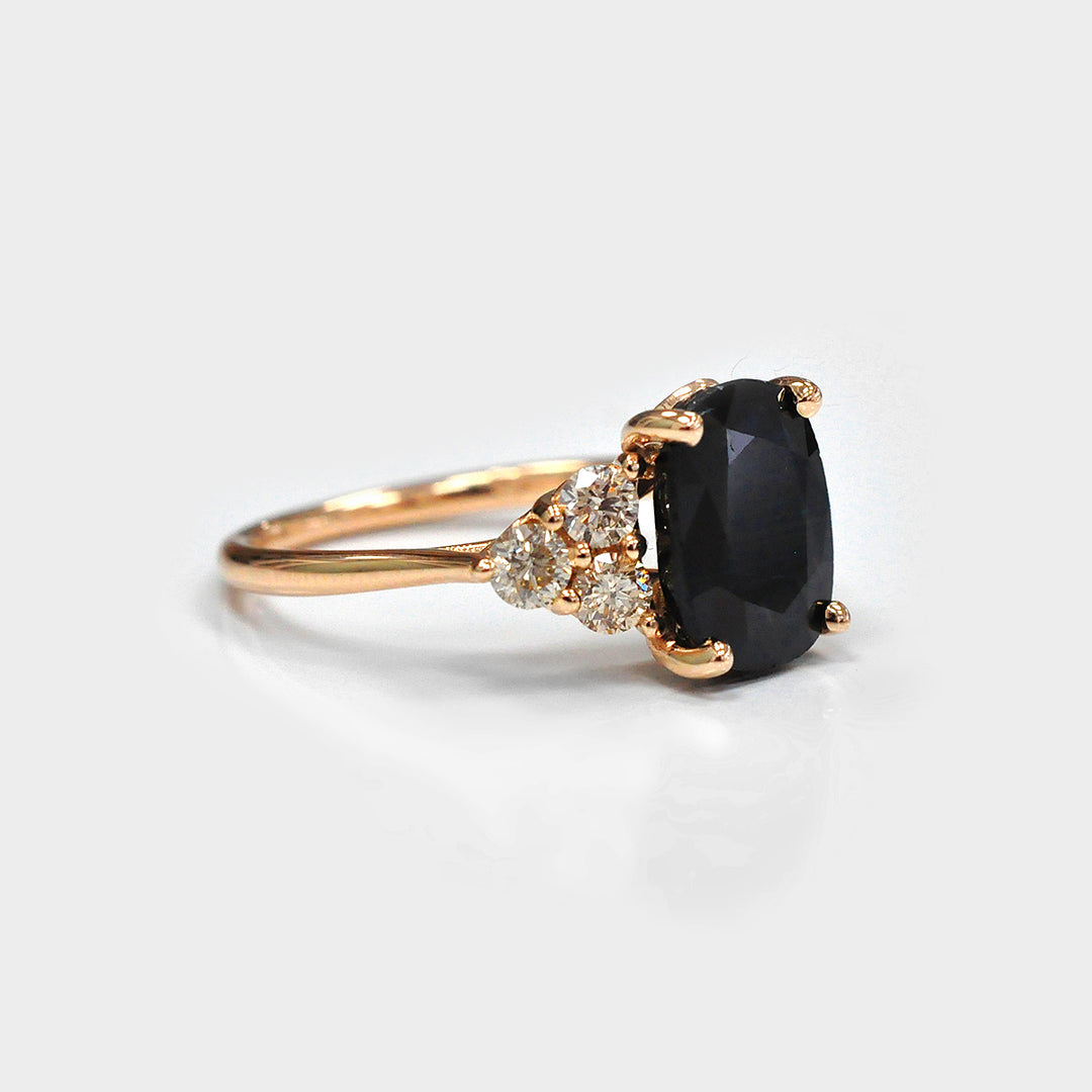 Black Sapphire and Six Diamonds Ring in Rose Gold