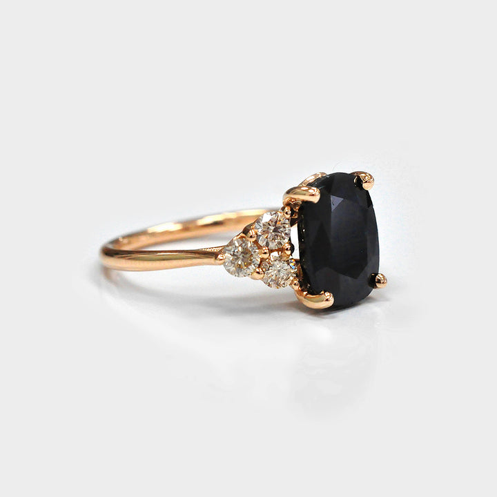 Black Sapphire and Six Diamonds Ring in Rose Gold