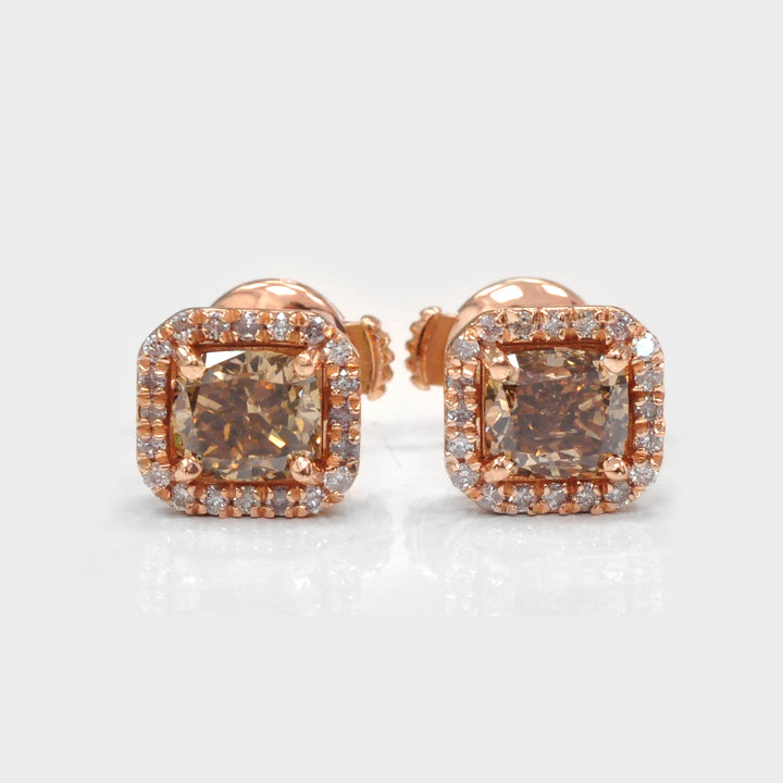 Fancy Brown cushion Diamonds Halo Earrings