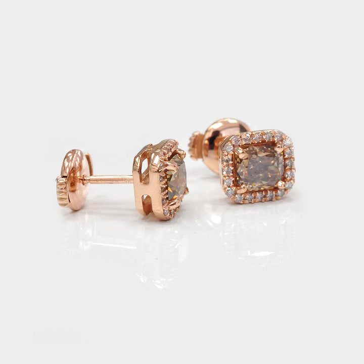 Fancy Brown cushion Diamonds Halo Earrings