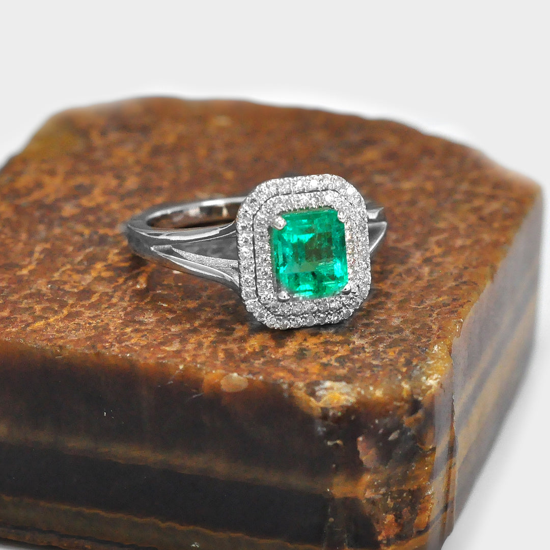 Double Halo Green Emerald &amp; Diamonds Ring