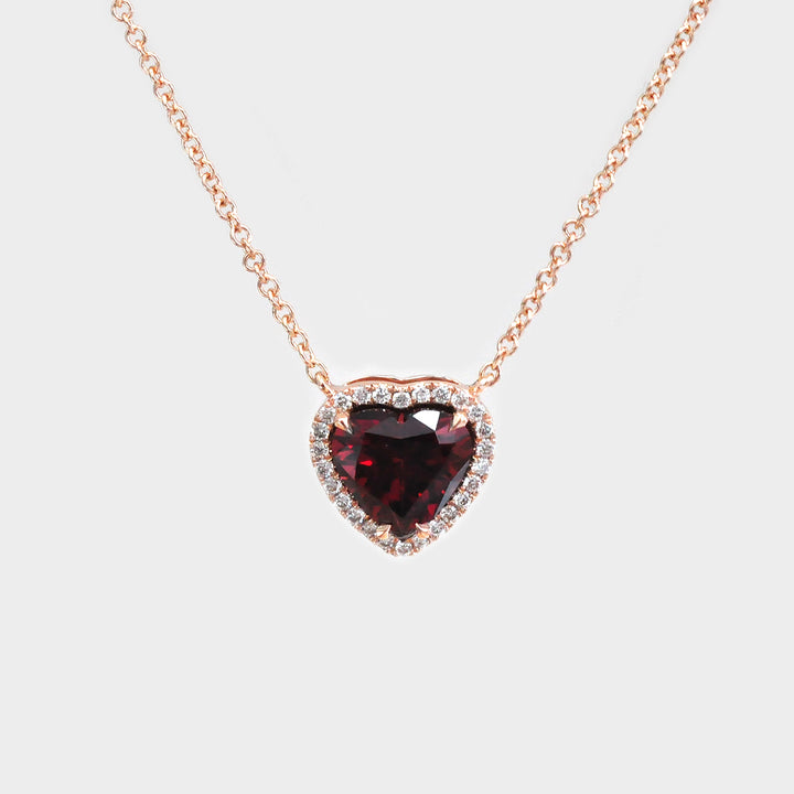 Garnet Heart Shape and Halo Diamonds Pendant in Rose Gold