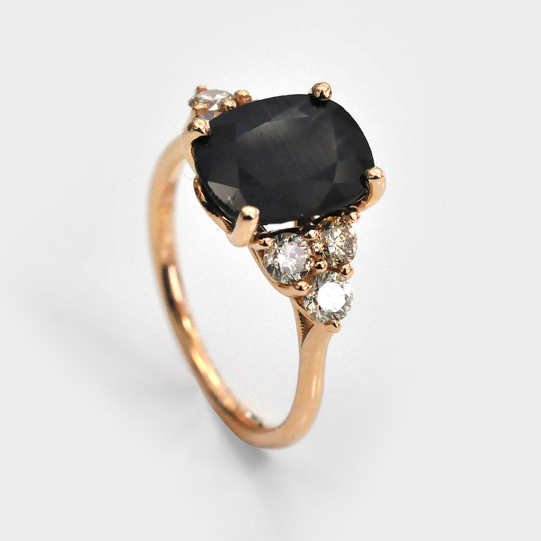 Black Sapphire and Six Diamonds Ring in Rose Gold