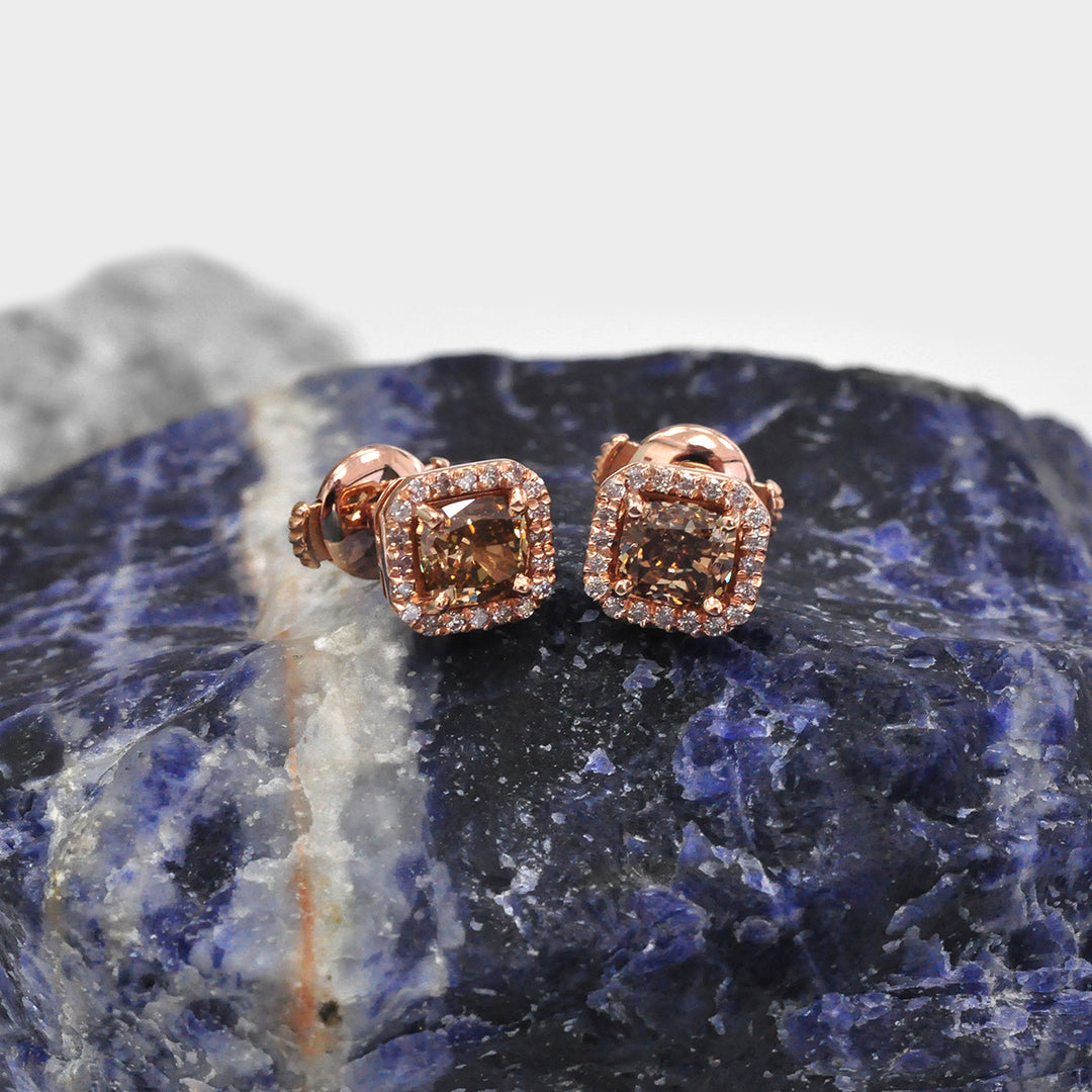 Fancy Brown cushion Diamonds Halo Earrings