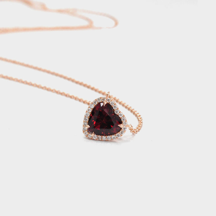 Garnet Heart Shape and Halo Diamonds Pendant in Rose Gold
