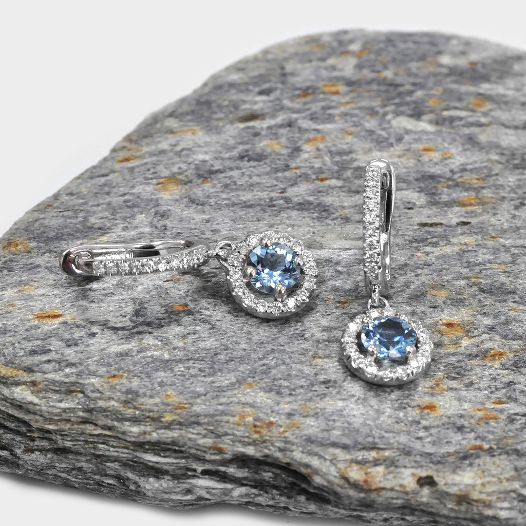 Round Aquamarine and Halo Diamonds Earrings