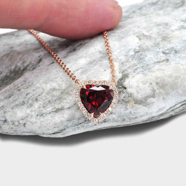 Garnet Heart Shape and Halo Diamonds Pendant in Rose Gold