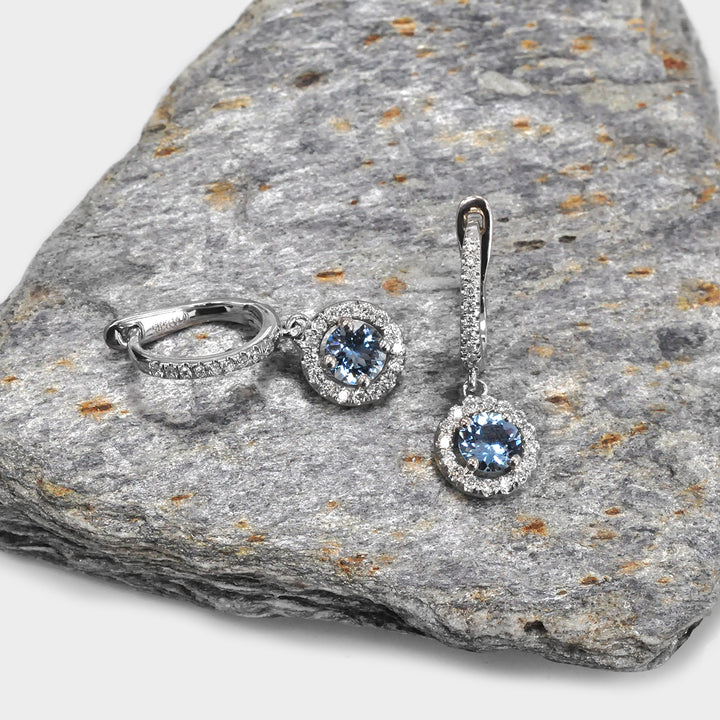 Round Aquamarine and Halo Diamonds Earrings