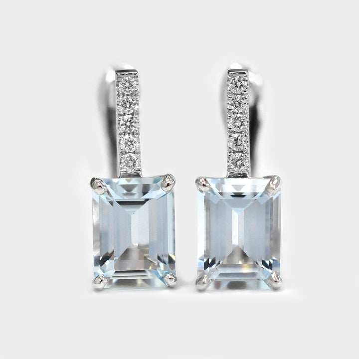 Emerald Cut light blue Aquamarine and Diamonds Earrings