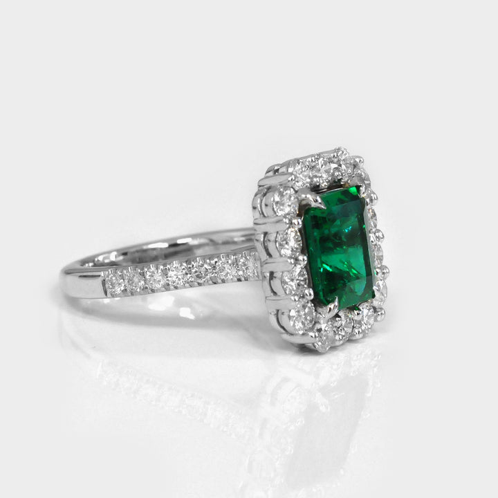 Green Emerald (3 carat) and White Diamonds Halo Ring