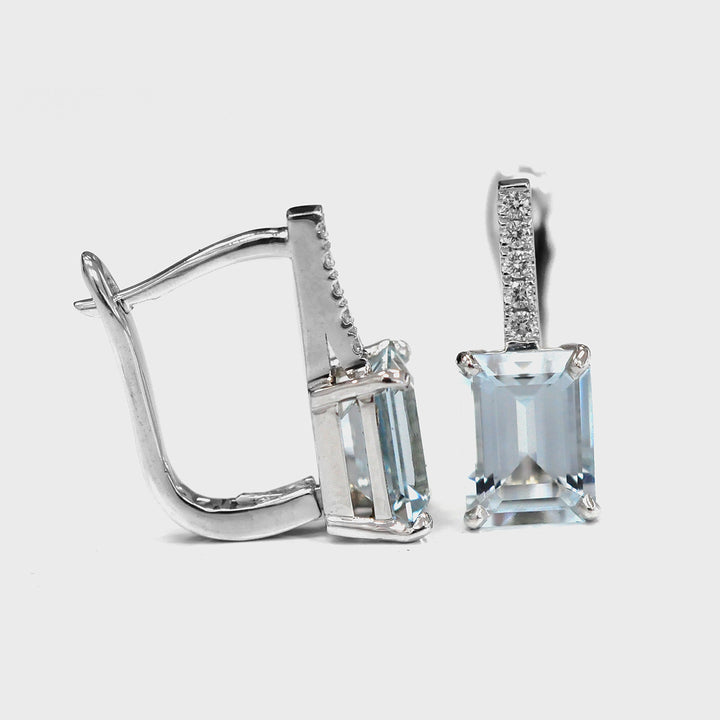 Emerald Cut light blue Aquamarine and Diamonds Earrings