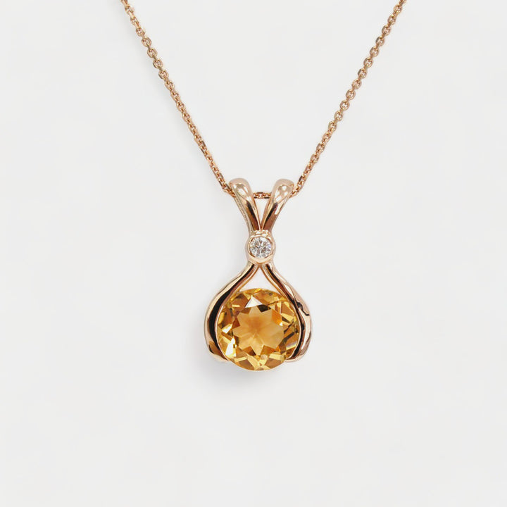 Citrine and Diamond Pendant Necklace in Rose Gold