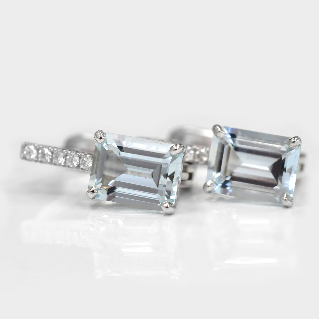 Emerald Cut light blue Aquamarine and Diamonds Earrings