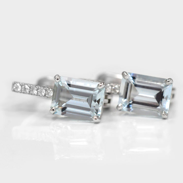 Emerald Cut light blue Aquamarine and Diamonds Earrings
