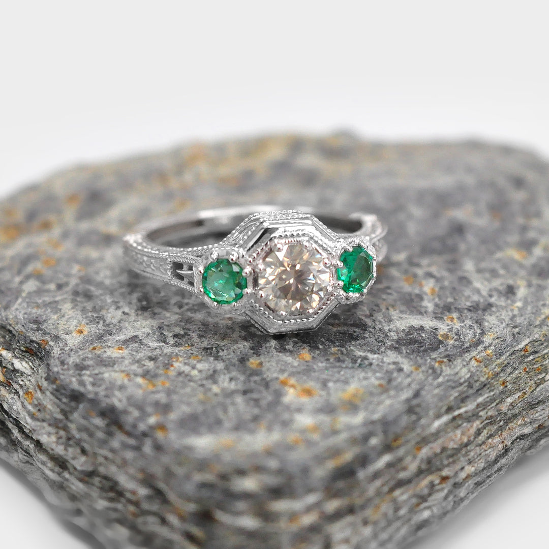 Round Diamond and Pair of Green Emeralds Ring in White Gold