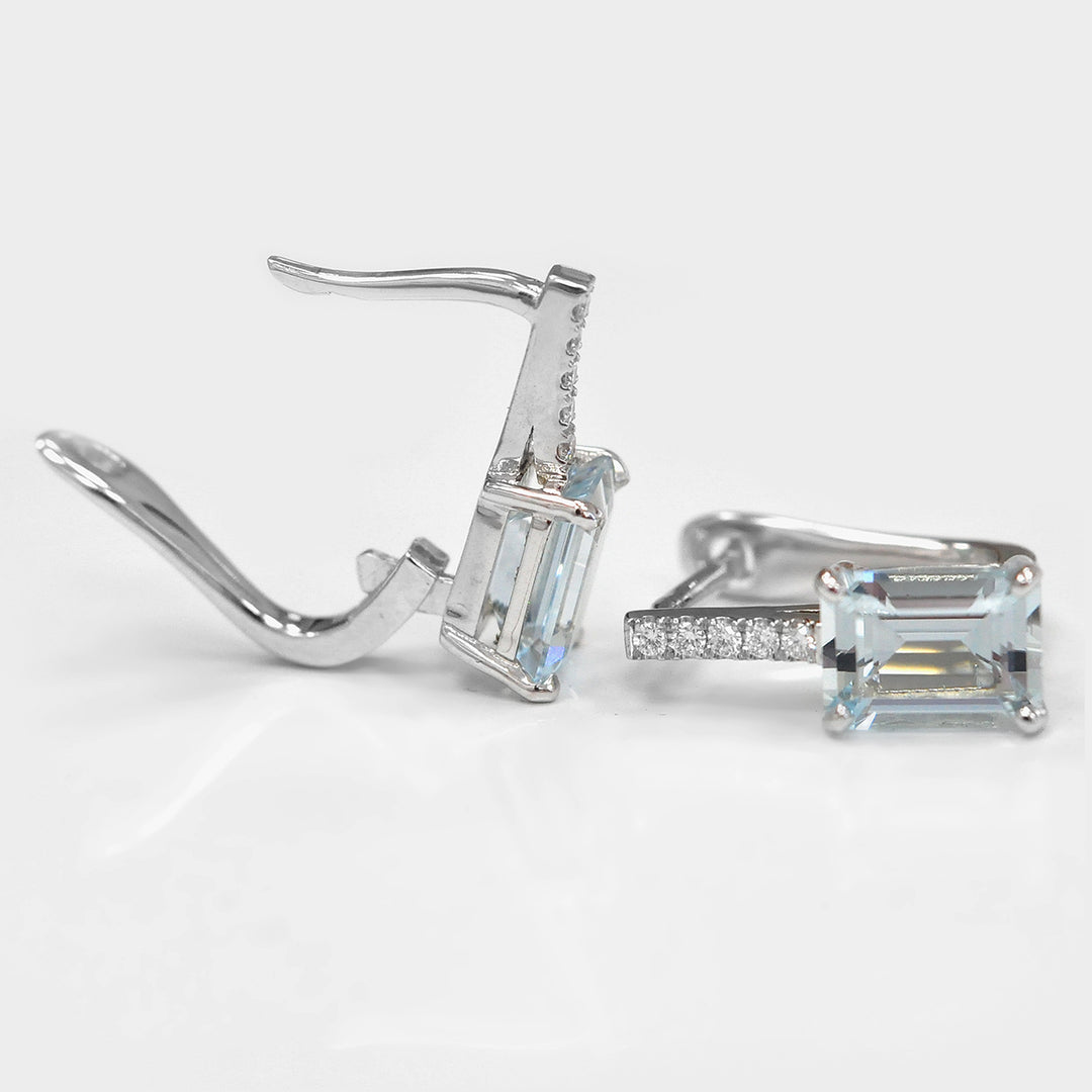 Emerald Cut light blue Aquamarine and Diamonds Earrings