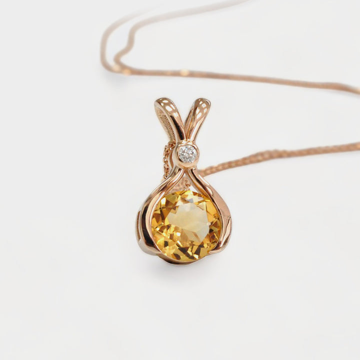 Citrine and Diamond Pendant Necklace in Rose Gold