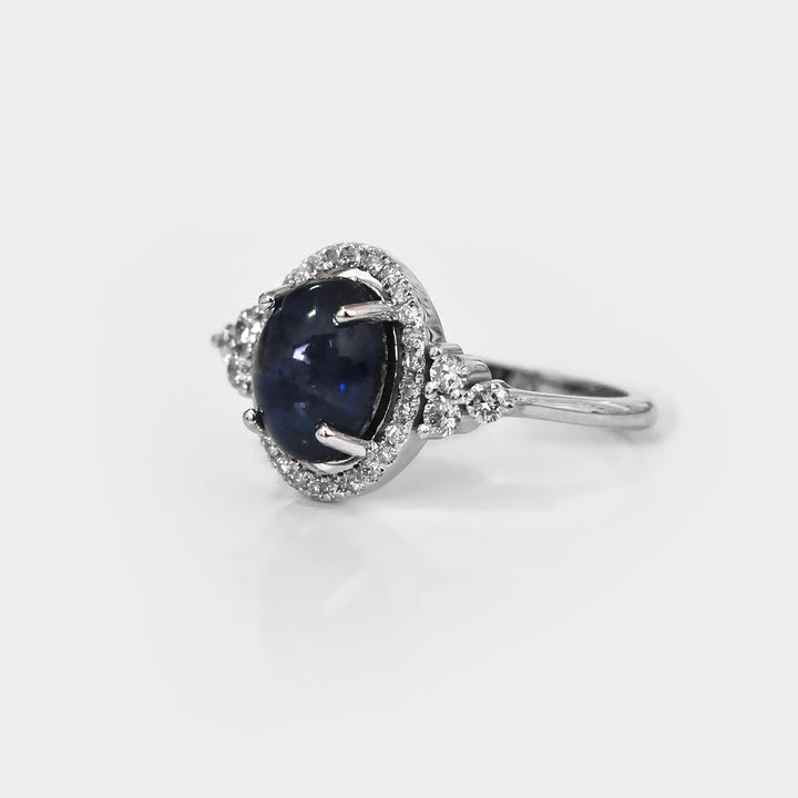 Oval Cabochon Sapphire Halo Diamonds Ring