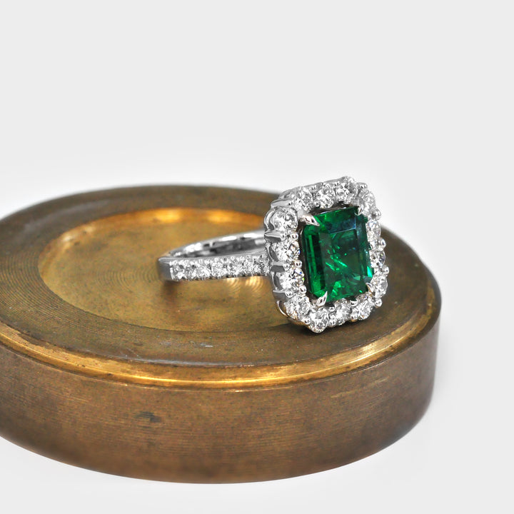 Green Emerald (3 carat) and White Diamonds Halo Ring