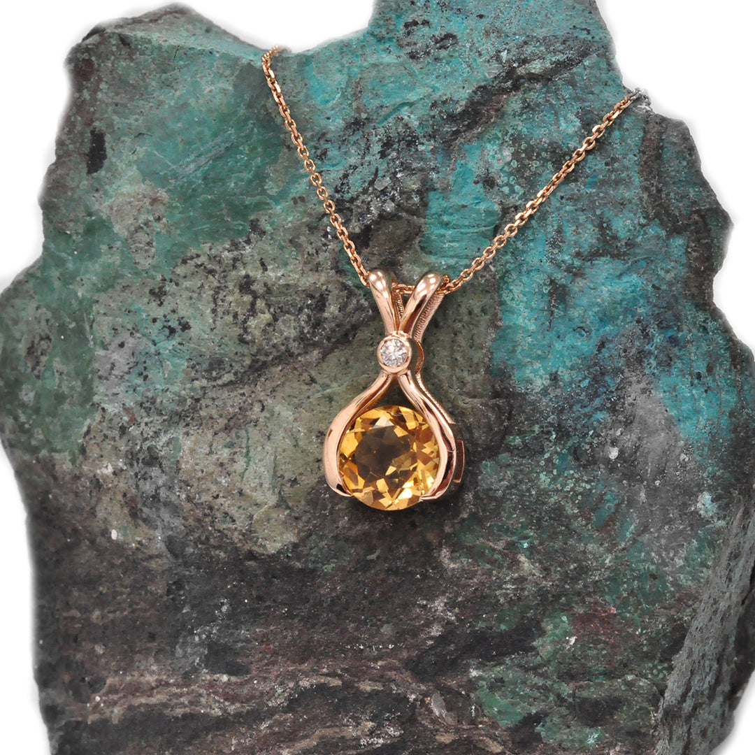 Citrine and Diamond Pendant Necklace in Rose Gold