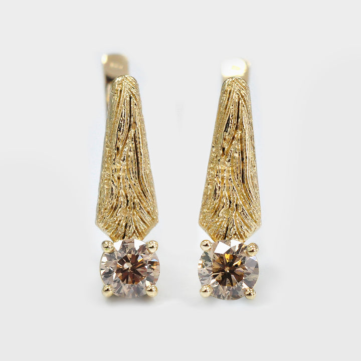 Round Diamond Textured  Yellow Gold Earrings
