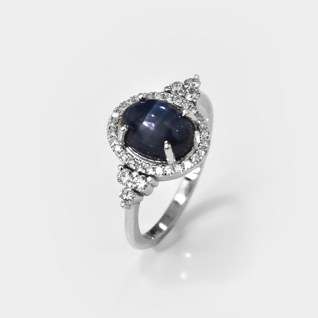 Oval Cabochon Sapphire Halo Diamonds Ring