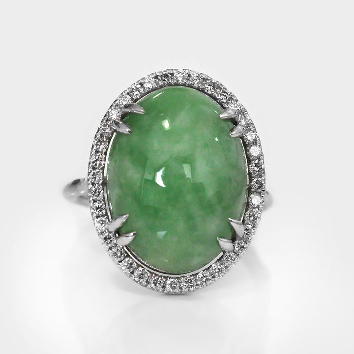 Jade Cabochon Oval and Diamonds Halo Ring