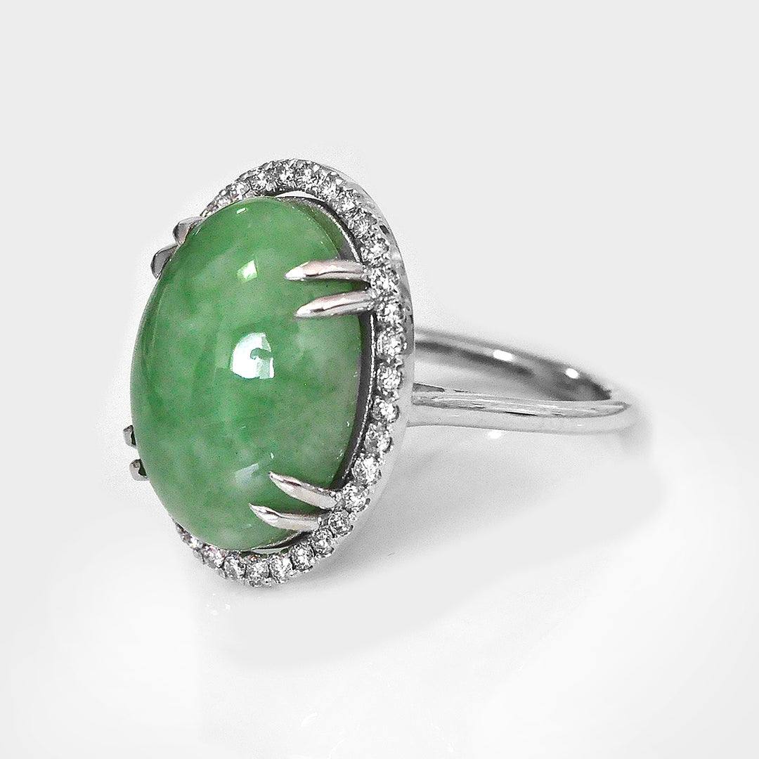 Jade Cabochon Oval and Diamonds Halo Ring