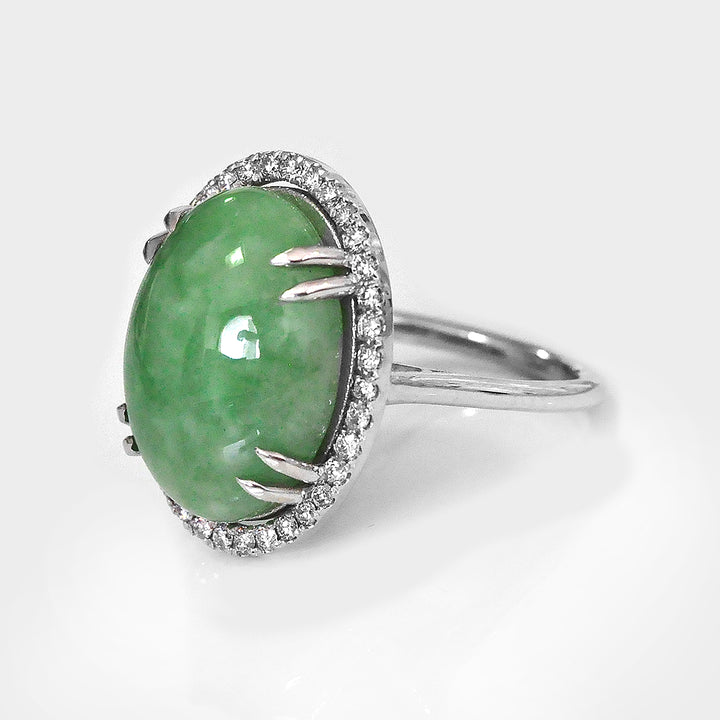 Jade Cabochon Oval and Diamonds Halo Ring