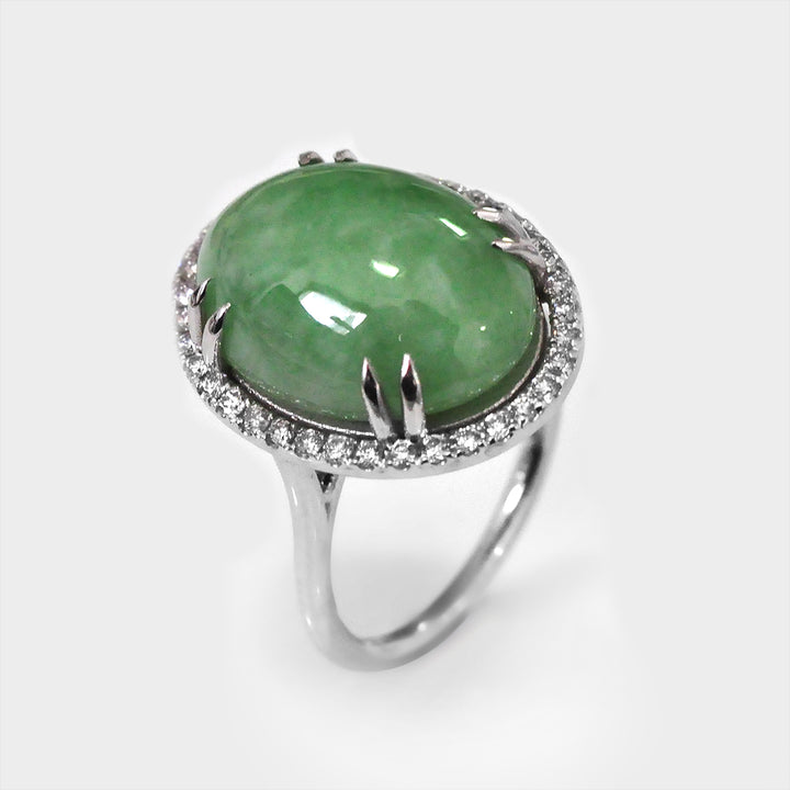 Jade Cabochon Oval and Diamonds Halo Ring