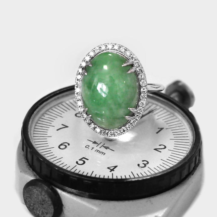 Jade Cabochon Oval and Diamonds Halo Ring
