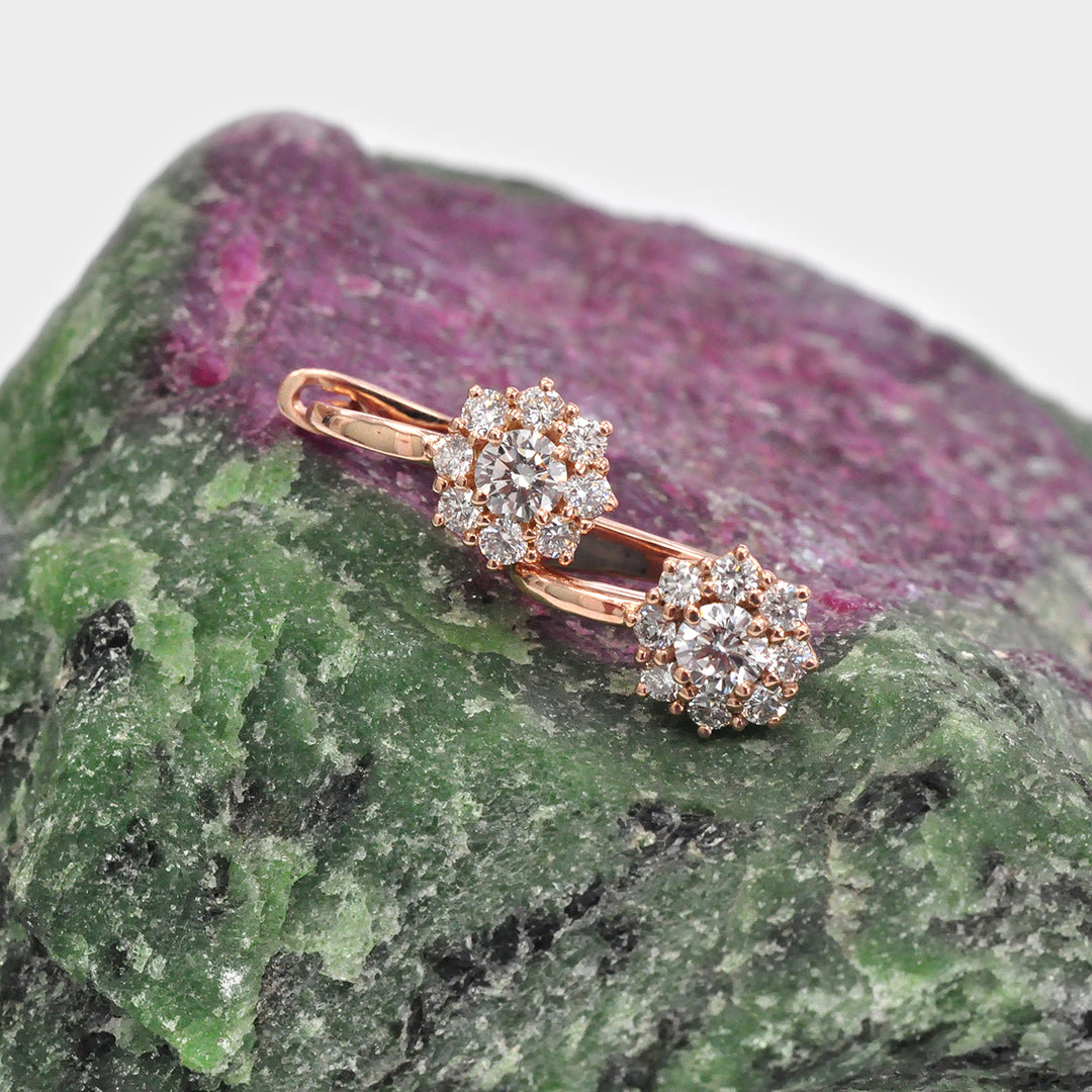 White Round Diamonds Cluster Earrings in Rose Gold