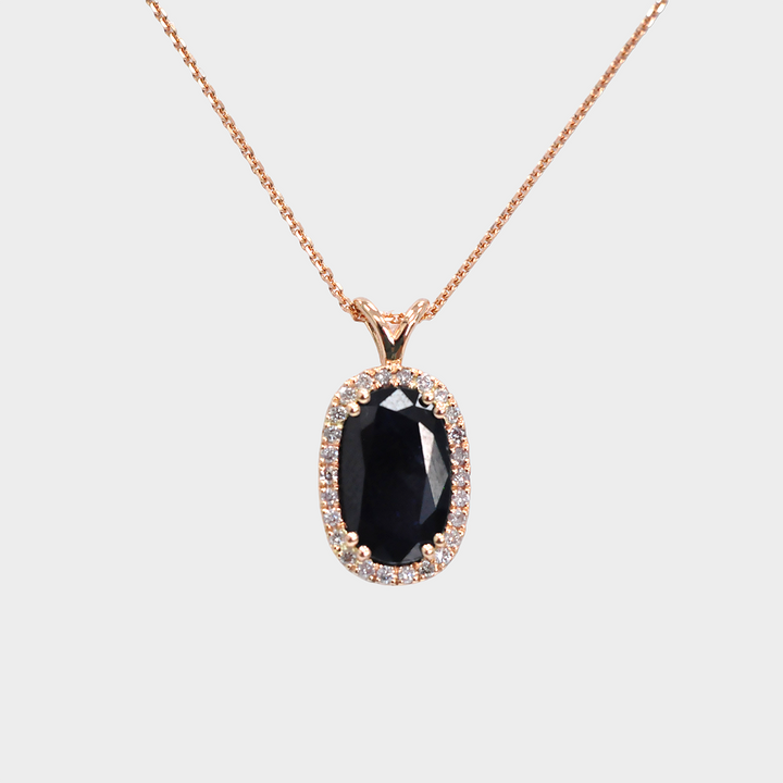 Oval Shape Sapphire and Halo Diamonds Pendant in Rose Gold