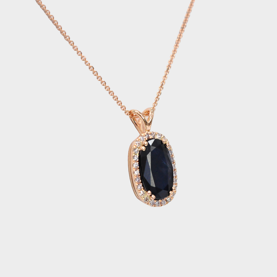 Oval Shape Sapphire and Halo Diamonds Pendant in Rose Gold