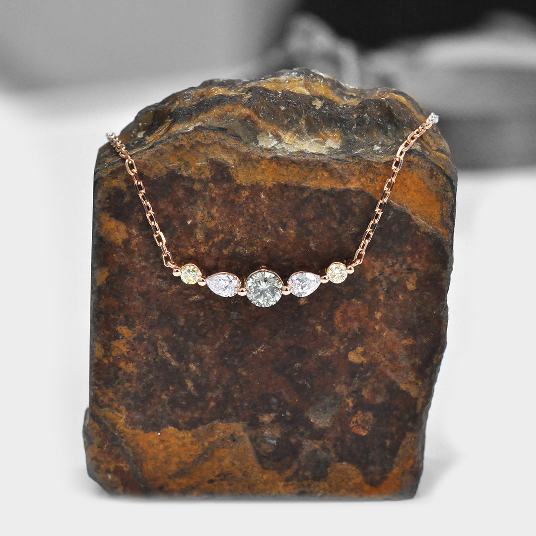 Fancy Colored Round and Pear Shape Diamonds Necklace in Rose Gold