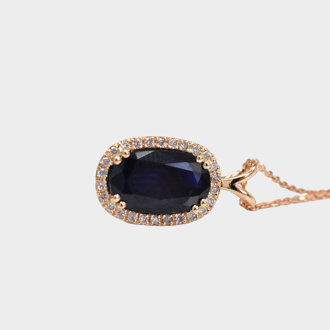 Oval Shape Sapphire and Halo Diamonds Pendant in Rose Gold