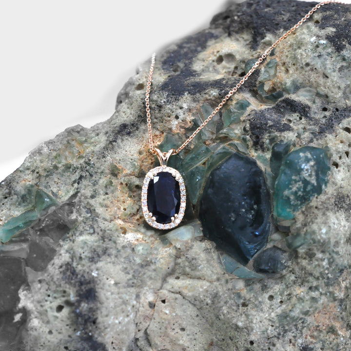Oval Shape Sapphire and Halo Diamonds Pendant in Rose Gold