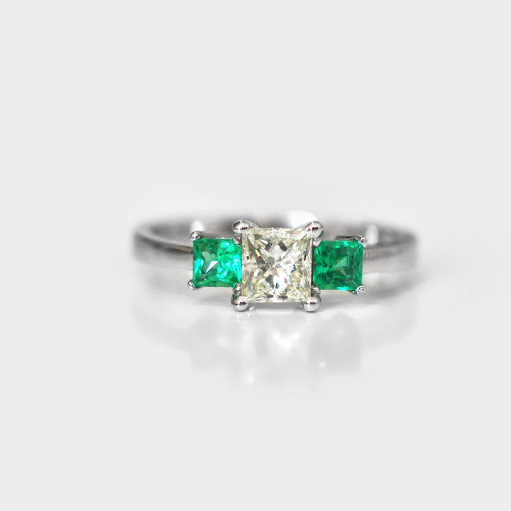 Princess Cut Diamond &amp; Emeralds Ring in White Gold